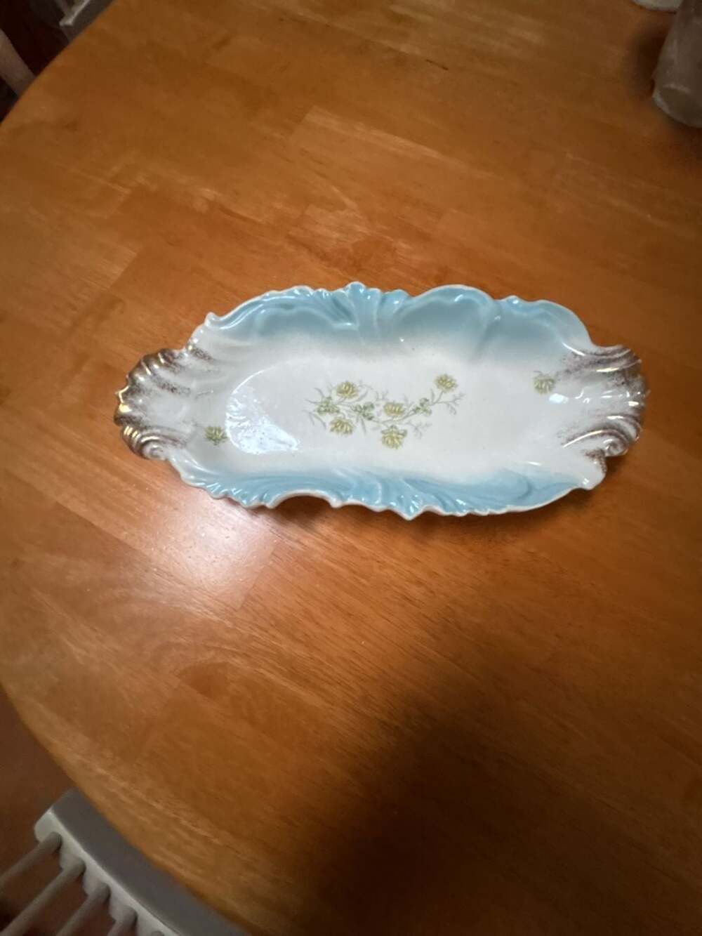 Antique European Porcelain Celery Dish with Floral Motif and Blue Airbrush Trim
